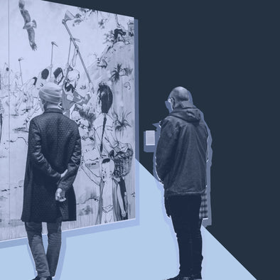 Two visitors looking at a Hung Liu painting at OMCA.