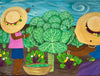 Artistic depiction of two people tending to a garden with collards and other plants.