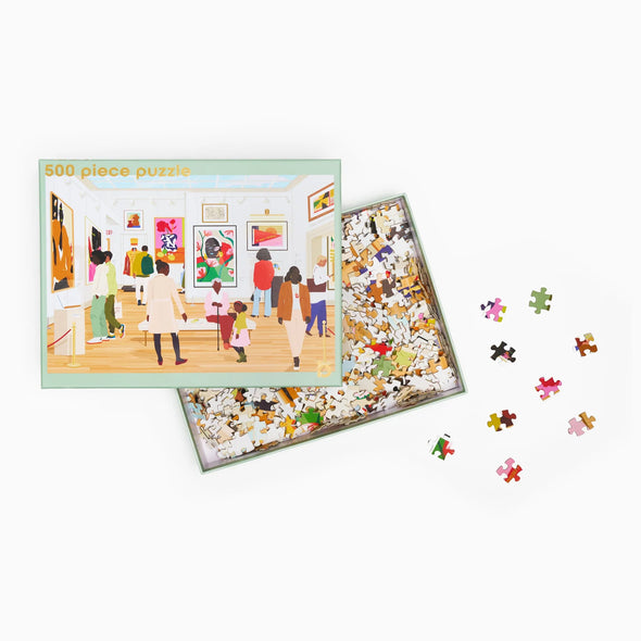 Jigsaw puzzle with pieces missing, showing a completed scene of people in a museum.