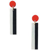 Pair of earrings with red circular tops and black and white rectangular bottoms on a white background