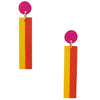 Colorful earrings with vertical red and yellow bars and pink circular tops on a white background
