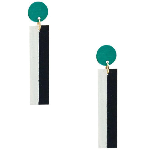 Pair of earrings with green circular tops and black and white rectangular bases on a white background
