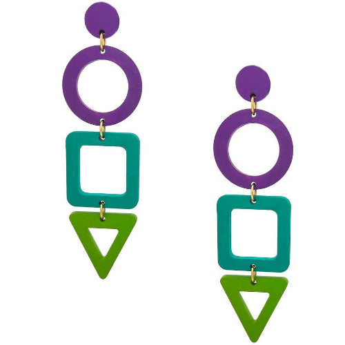 Colorful geometric earrings with purple, green, and teal shapes on a white background