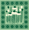 Decorative design with floral elements and geometric patterns on a green background