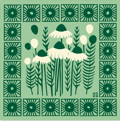 Decorative design with floral elements and geometric patterns on a green background