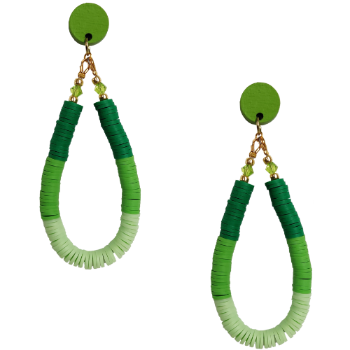 Green and gold hoop earrings on a white background